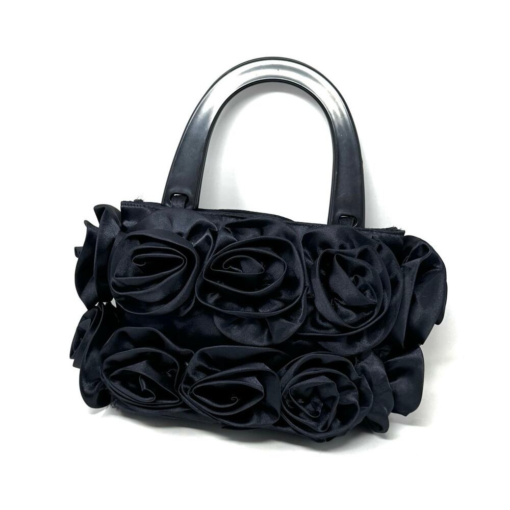 Y2K Black Satin 3D Rosette Floral Evening Bag Silver Handle Mini Purse